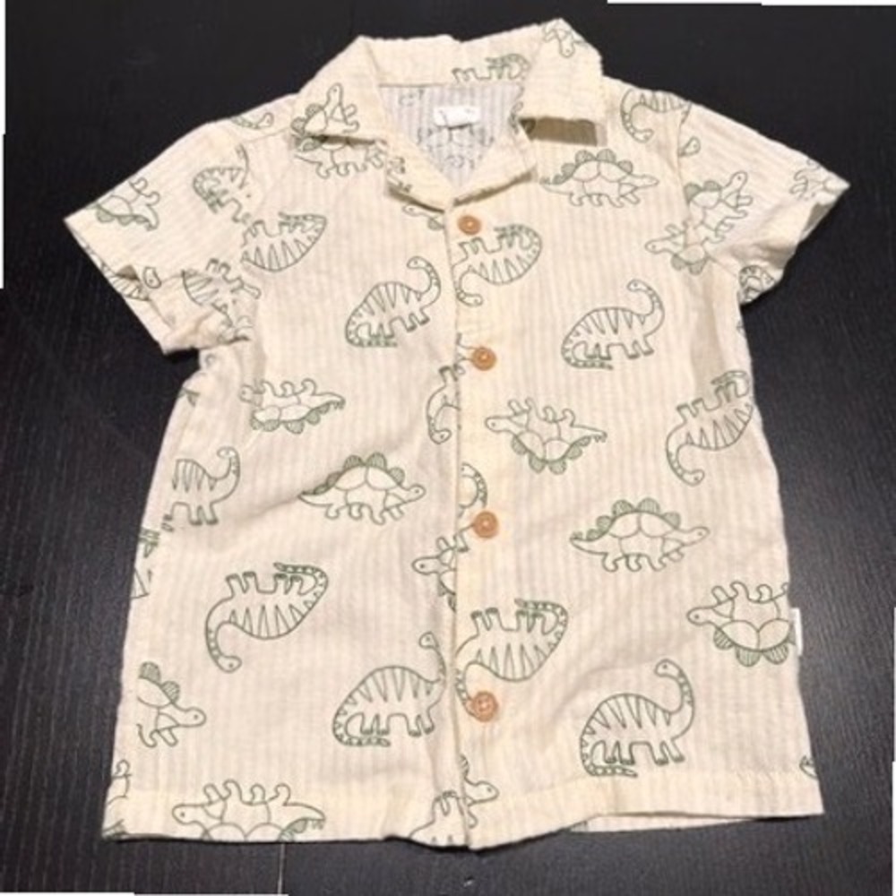 Tahari Dinosaur Print Short Sleeve Button Down Shirt Cream Green 18 months